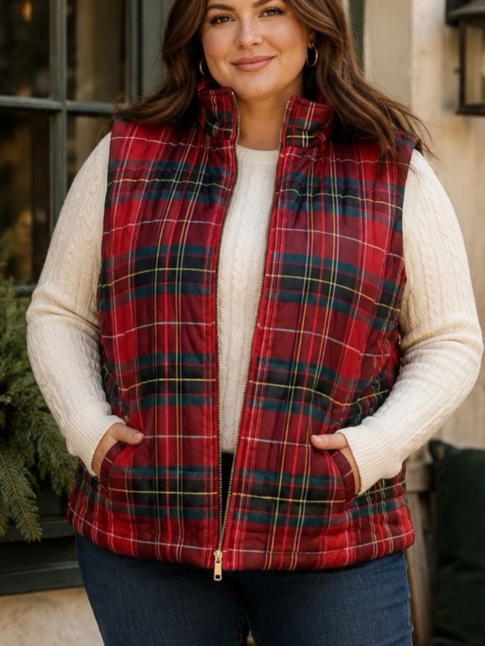 Chaps Full Zip Red Tartan Plaid Quilted Preppy Puffer Vest Women’s Plus Size 1X